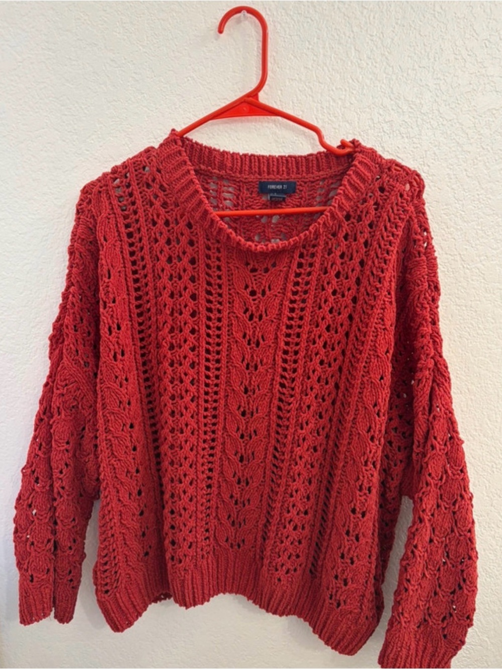 Forever 21 Crimson Open-Stitch Crewneck Sweater